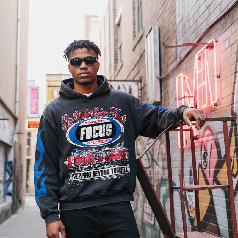 Sopula Studio Men's No. 28 Racing Elements Vintage Graphic Washed Casual Long Sleeve Pullover Black Hoodie