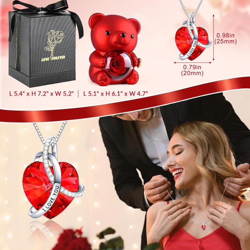 Cute Teddy Bear with Preserved Rose,Eternal Flowers Rotating Rose Box with Necklace Romantic Gift for Her in Valentine's Day, Mother's Day,Weddings,Anniversaries,and Bridal Showers