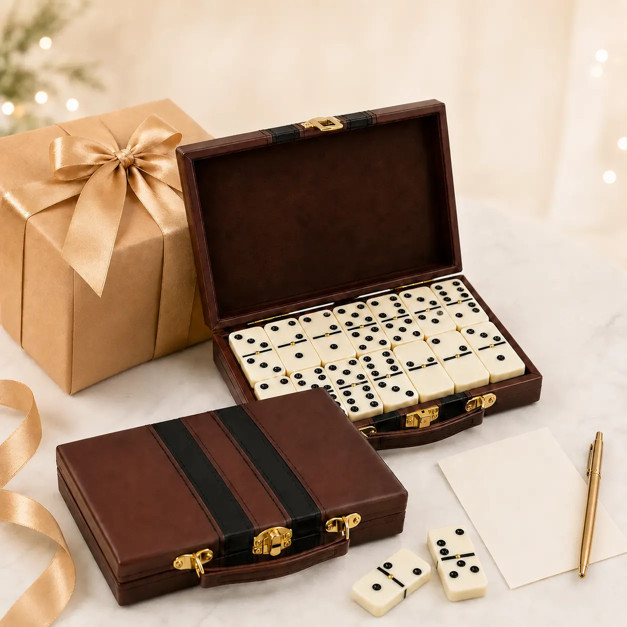Portable Double 6 Dominoes Gift Set, 28-Piece Classic Tabletop Game with Brown Storage Case, Travel Game for Families, Ideal for Birthdays & Holidays, Tabletop Games