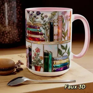 Floral Bookshelf Faux 3D Mug, Book Lover Gift, Bookish Library Coffee Cup