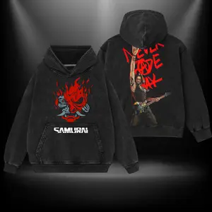 Johnny Silverhand Samurai Cyberpunk 2077 Never Fade Away Double Printed Oversize Lightweight Acid Washed Tee TV Show Graphic Top Cotton Gift T-Shirt For Comic Lover, Gift T-Shirt For Movie Lover