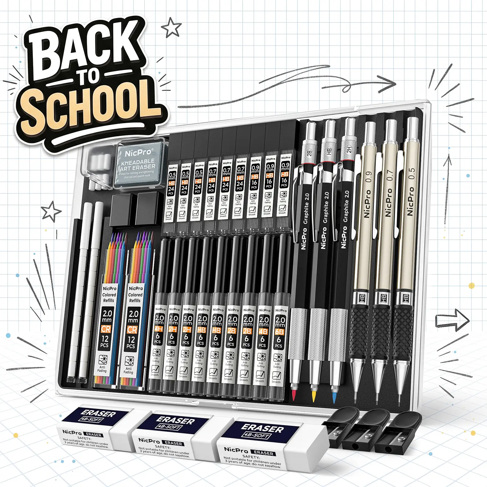 Nicpro Art Mechanical Pencil Set, Metal Drafting Pencil 0.5 mm & 0.7 mm & 0.9 mm & 3 Pack 2mm Lead Holder (6B 4B 2B HB 2H 4H Colors) for Sketching Drawing with Lead Refills Case,back to school,back to school shopping