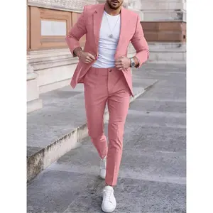Men's Solid Color Blazer & Pants Two-piece Set, Slim Business Formal Suit Set for Work Office, Men's Spring & Fall Clothes Baby Pink Beige Menswear Long Sleeve