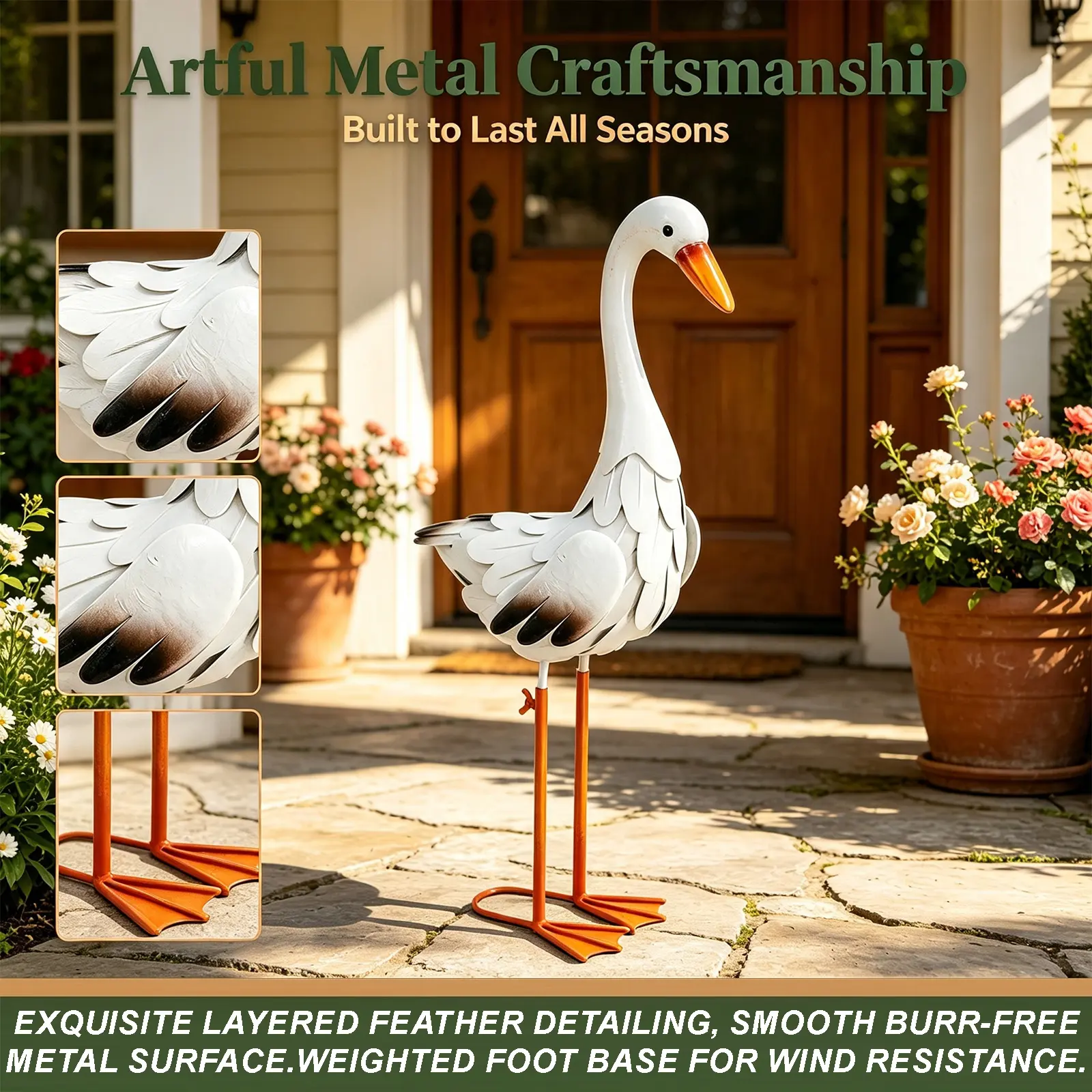 Porch Goose Metal Garden Statue - Elegant White and Orange Decorative Outdoor Ornament with Rustic Detail, Available in 2 Sizes for Garden Courtyards