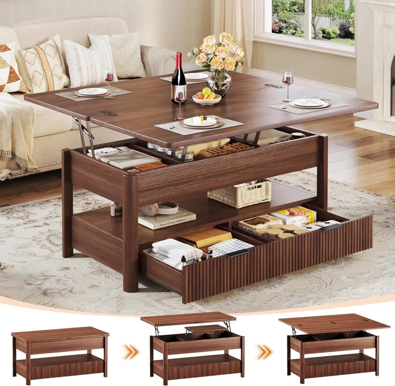 40" Lift Top Coffee Table, 4 in 1 Square Coffee Table with Storage Shelf & 2 Drawers, Modern Coffee Tables with Lift Tabletop, Converts to Dining Table for Living Room, Home Office, Walnut
