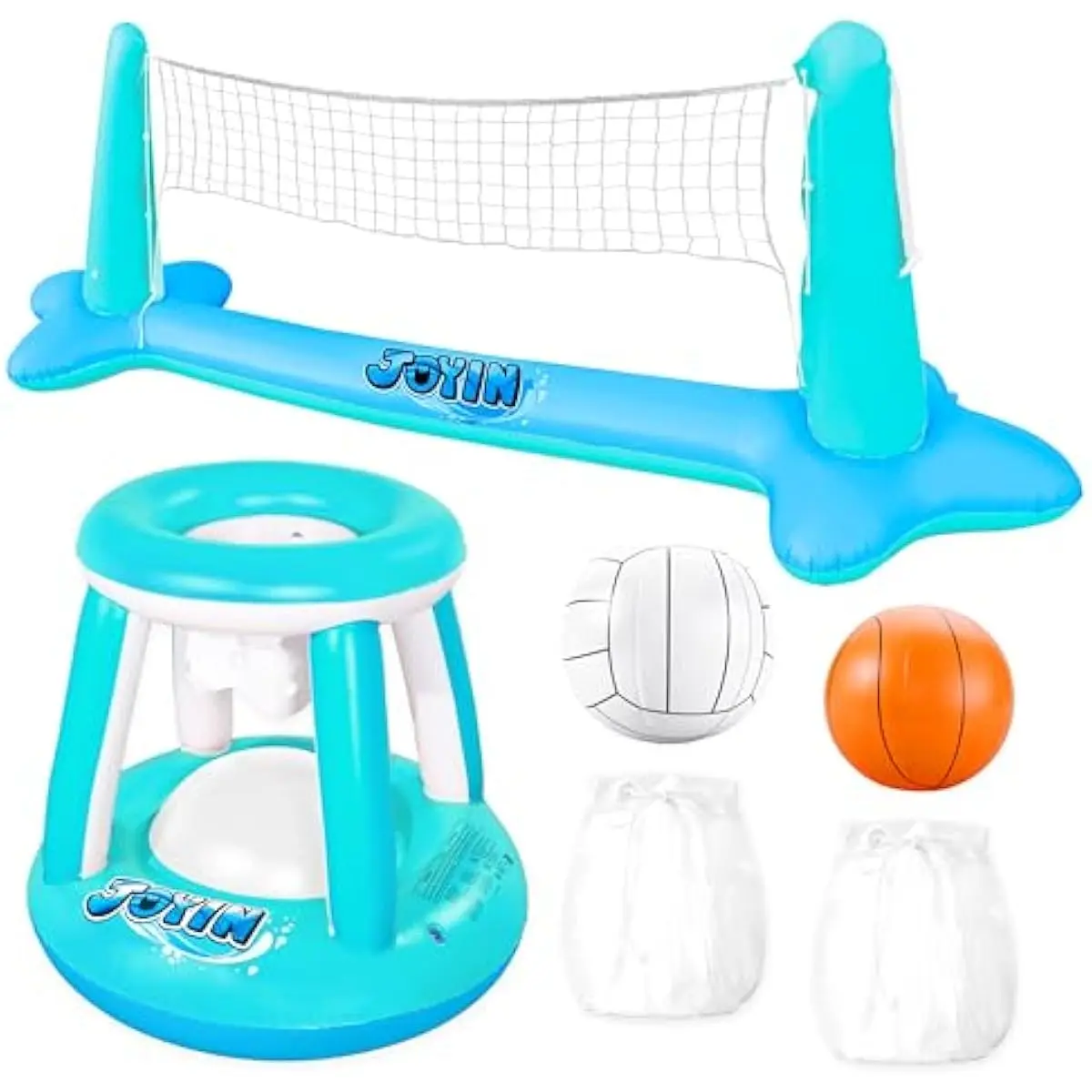 Inflatable Pool Float Set Volleyball Net & Basketball Hoops, Floating Swimming Game Toy for Kids and Adults, Summer Floaties, Volleyball Court (105x28x35)|Basketball (27x23x27),L-Blue