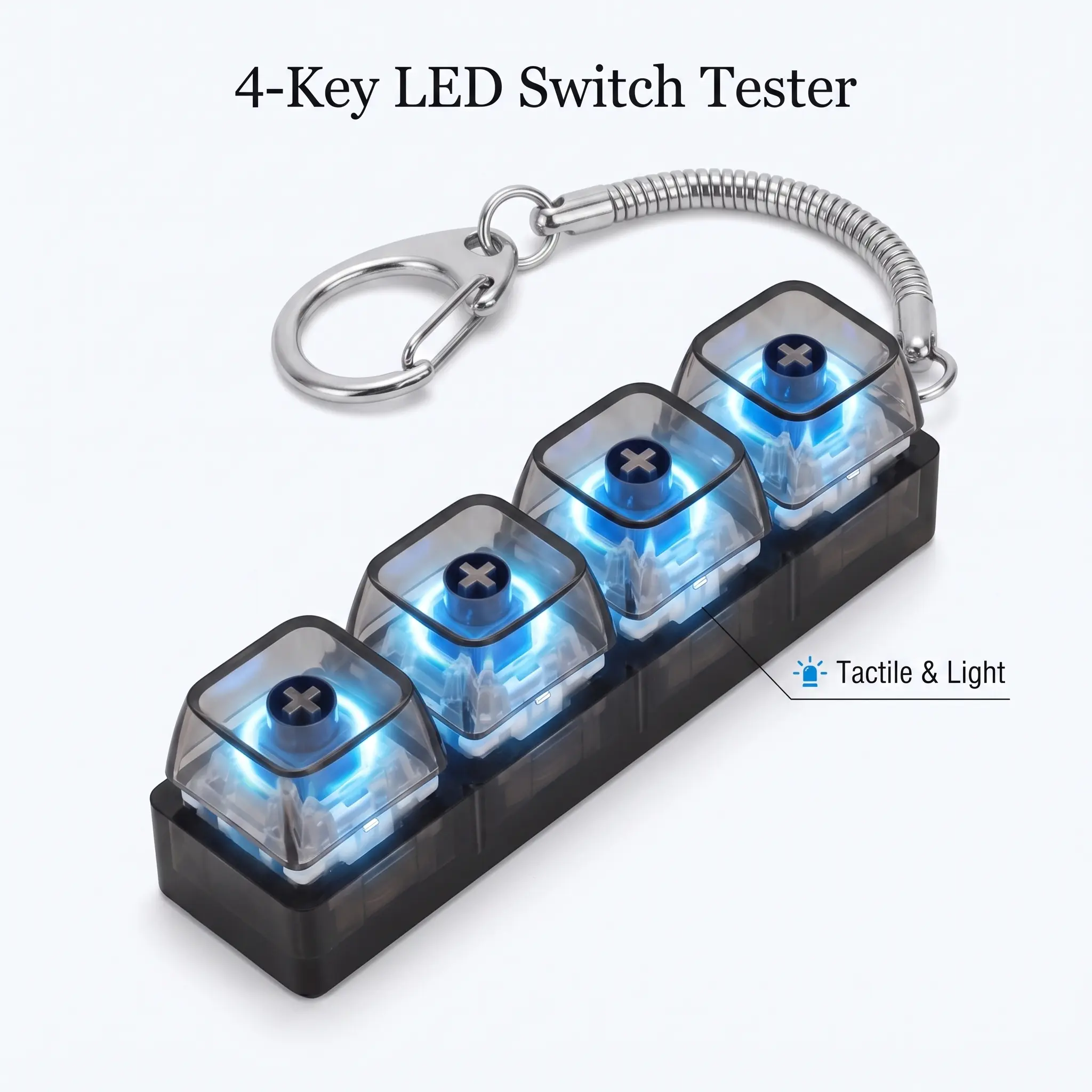2 Styles LED Glow 4 Keys Mechanical Keyboard Switch Tester Fidget Keychain, Transparent Clear & Smoky Black Shell Stress Relief Clicker Toy Bag Pendant for Gamers Teens