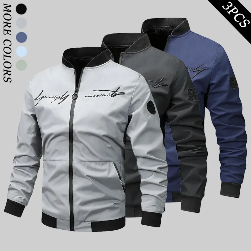 Men's Based Simple Plain Longsleeves Waterproof Windbreaker Jackets - Spring/Fall Stand Collar, Skin-Friendly Comfortable Fabric, Letter Embroidery, Ribbed Cuffs, Zipper Front, Ideal for Outdoor Hikes, Gym Workouts