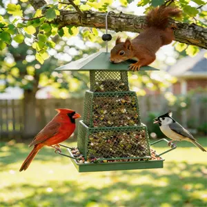Squirrel Proof 3-Tier Foldable Metal Bird Feeder with Tray - Outdoor Hanging Mesh Wild Bird Feeder for Garden, Patio, Backyard and Balcony - Green