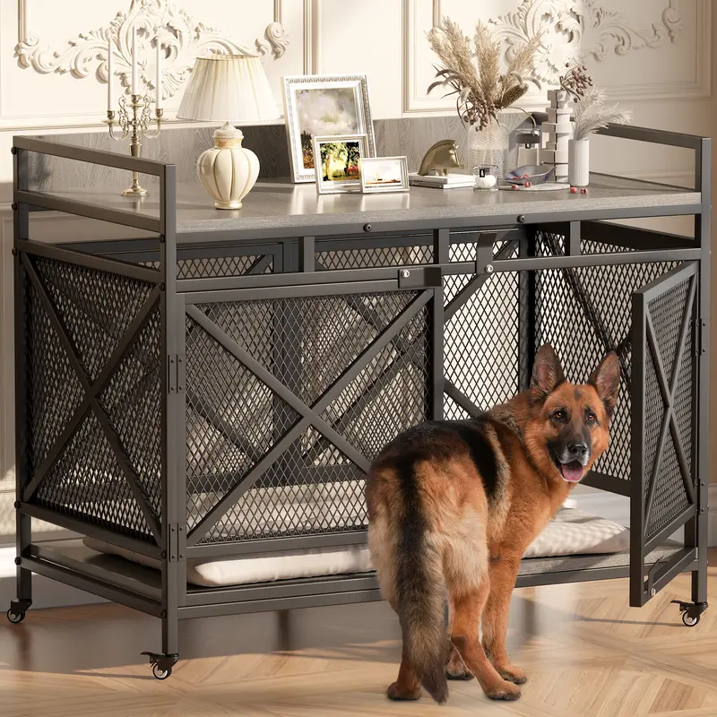 LAST CALL | COZPAW Large Wooden Dog Crate Furniture - 48/52/71/78/86in Heavy-Duty Indoor Wire Metal Kennel, Chew-Resistant Modern Enclosure with Lockable Wheels, 1in Metal Tubes, Discreet Door Latch, Home Decor Double Door Wooden Crates