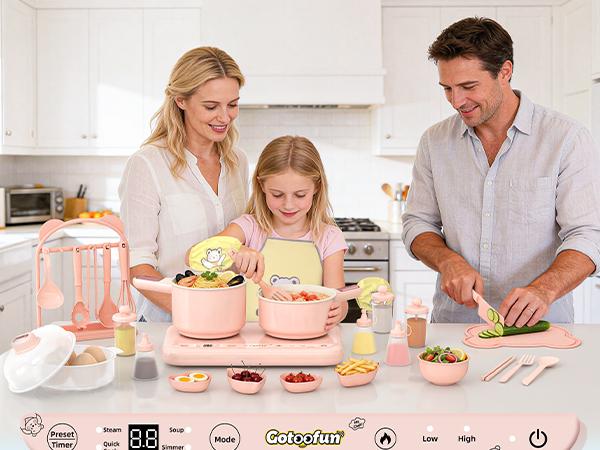 Gotoofun Pink Double Stove Children's Real Cooking Kitchen Set Safe Mini Kitchen for Boys Girls Compact Multifunctional Cooking Toys Montessori Gift for Girls/Boys 8–12