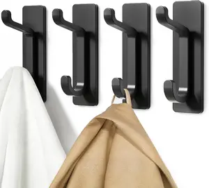 Wall Hooks for Coat and Towel: 13LB Strong Adhesive Door Hanger Stick on, Black 4 Pack