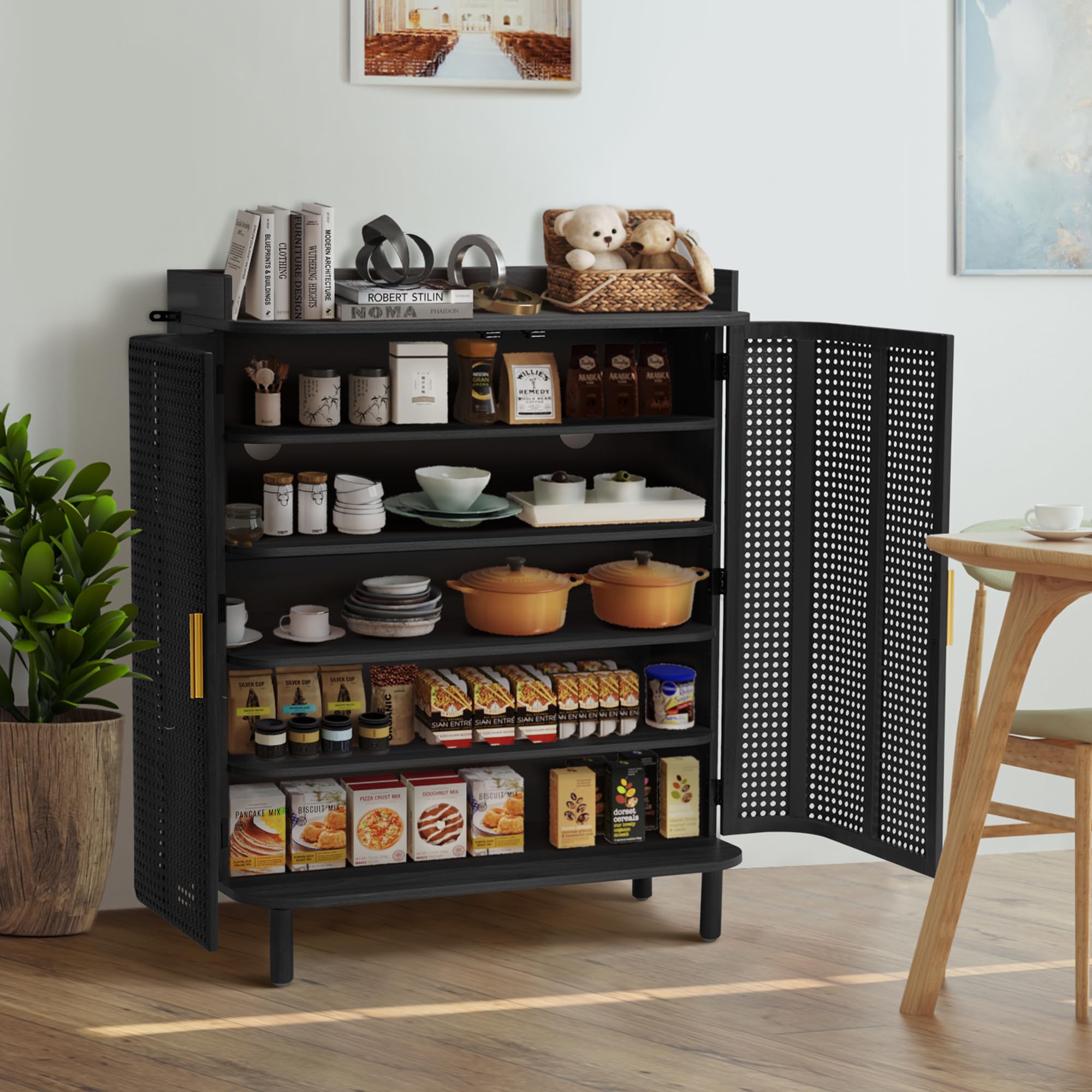 Giratree Shoe Cabinet, 5 Tier Boho Wooden Shoe Storage Organizer Cabinet with Adjustable Shelves, Shoes Rack with Iron Rattan Curved Doors Accent Cabinet for Entryway Hallway Living Room