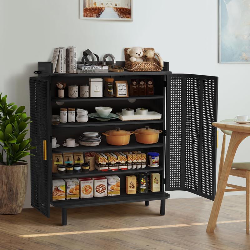 Giratree Shoe Cabinet, 5 Tier Boho Wooden Shoe Storage Organizer Cabinet with Adjustable Shelves, Shoes Rack with Iron Rattan Curved Doors Accent Cabinet for Entryway Hallway Living Room