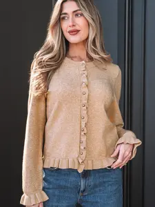 Oatmeal Ruffle Trim Gold Button Sweater Cardigan, Gold Button Cardigan Create A Polished, Elevated Look.