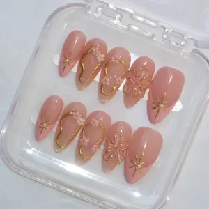 Aria Set by Pretty Set Studios - Almond Nude Pink Press-On Nails with Gold Accents & 3D Designs - Handcrafted for Salon-Quality Finish - Eco-Friendly & Reusable - Vegan & Cruelty-Free