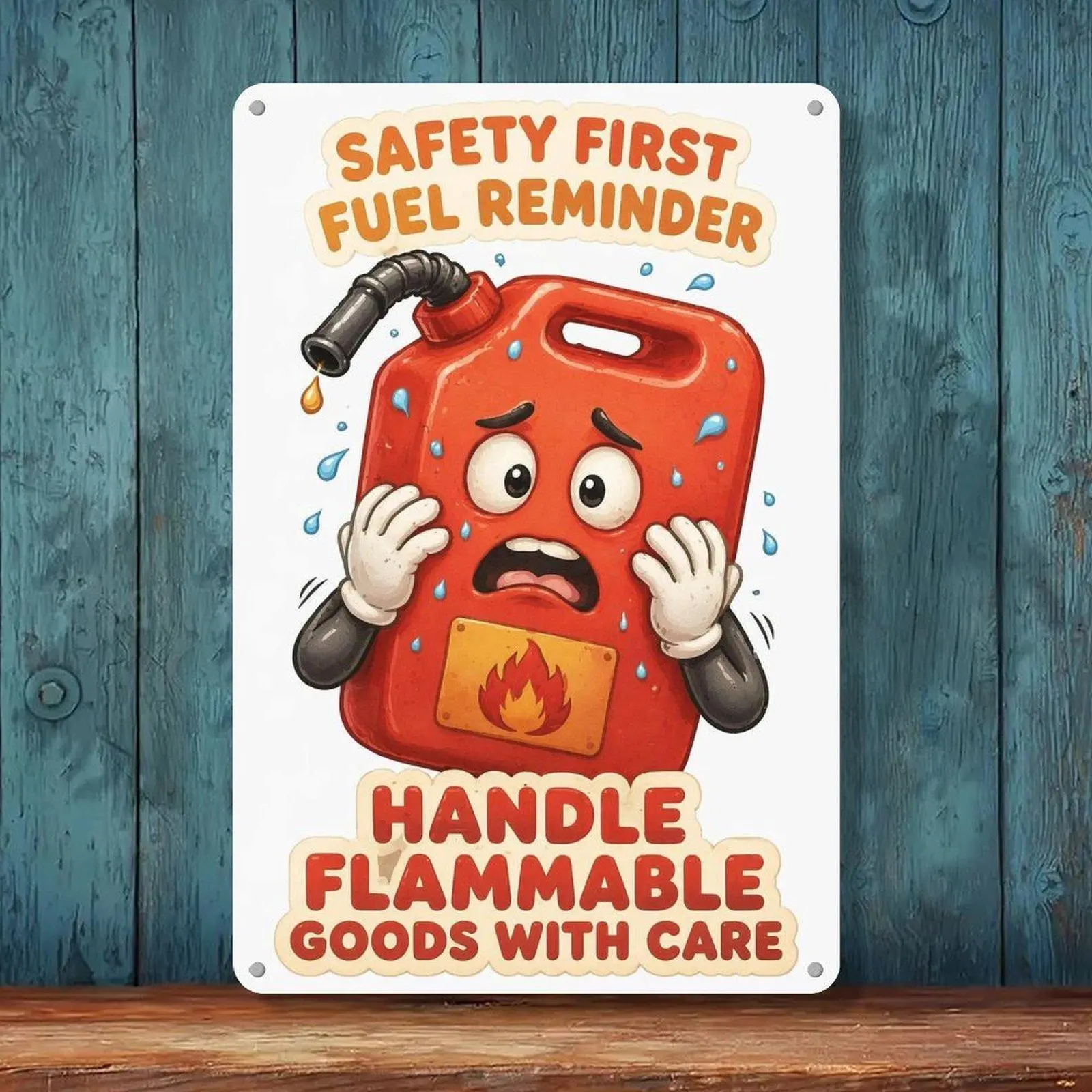 Safety First Fuel Reminder Worried Cartoon Red Gas Can Flammable Goods Safety Metal Tin Sign, Garage Workshop Warehouse Safety Wall Decor 8x12in Industrial Reminder Art