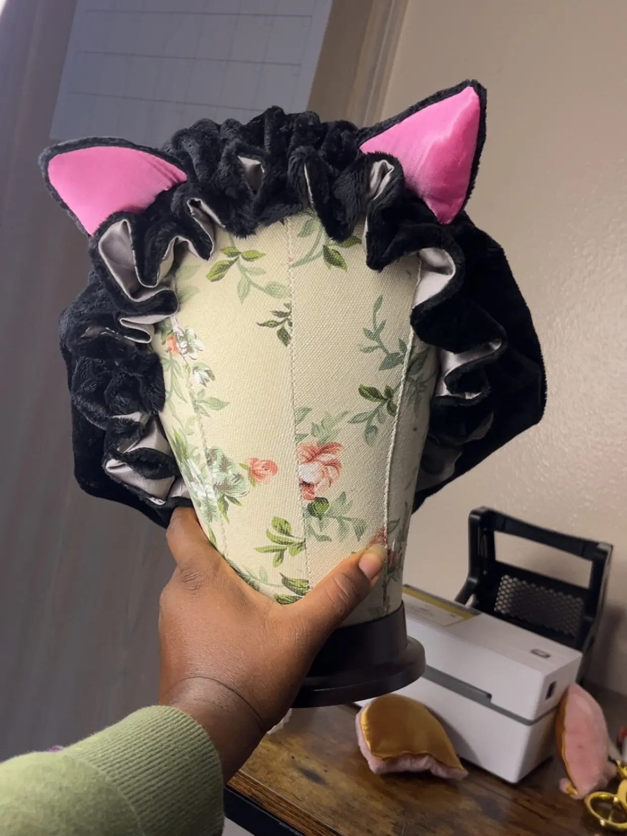 black kitten fur satin bonnet black kitten fur satin bonnet