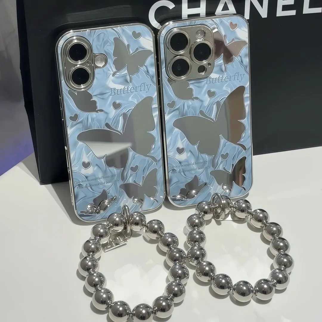 [LX]Luxury Customized Blue Butterfly Phone Case & Mirror Screen Protector, High-End Elegant Cover With Comfort Grip, Advanced Shockproof Protection For Phone 16 15 14 13 12 Pro Max,, Outdoor-Ready Mobile Phone Accessories