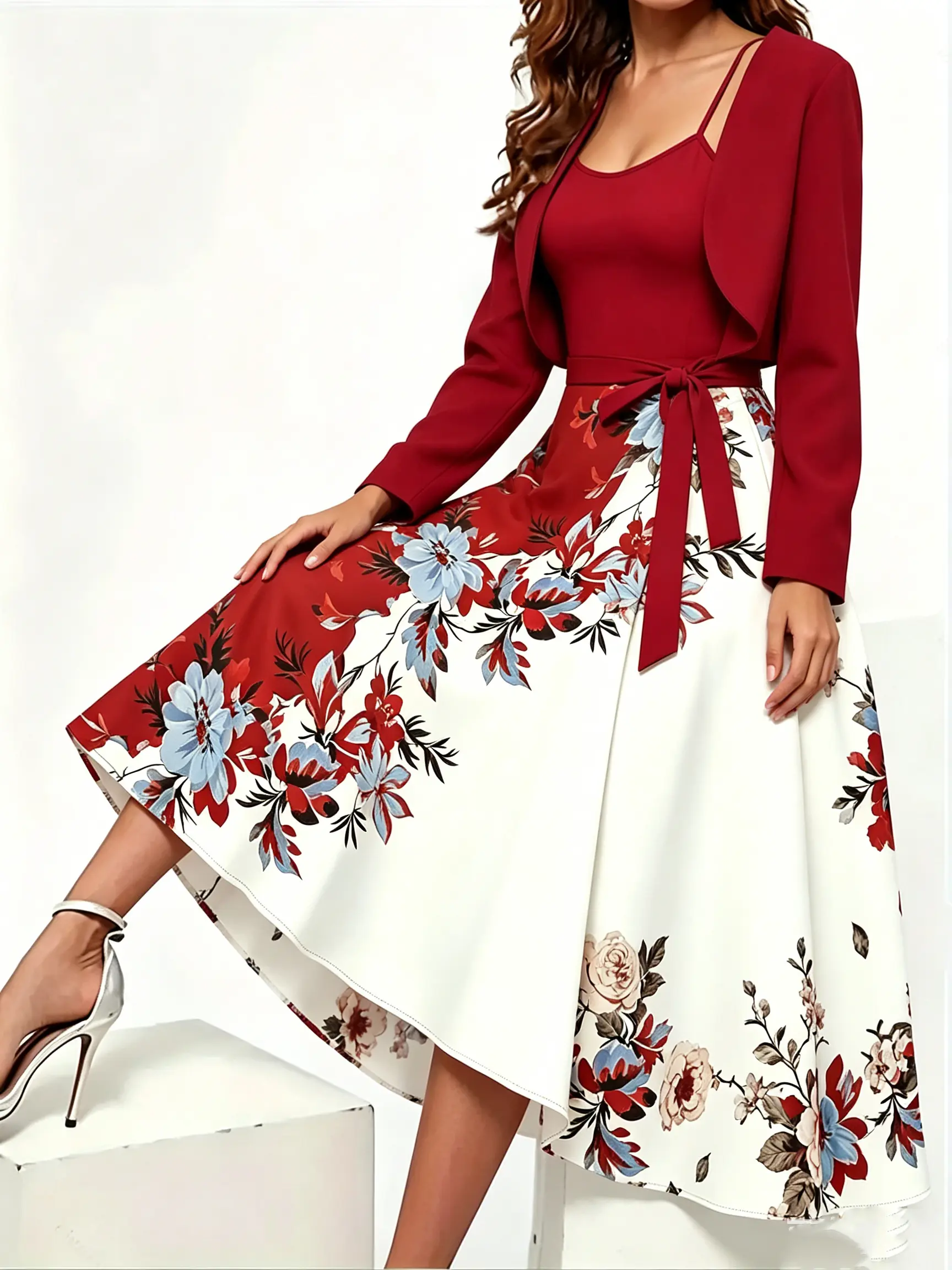 Women’s elegant vintage shawl cardigan + color-contrast floral strappy maxi dress two-piece set