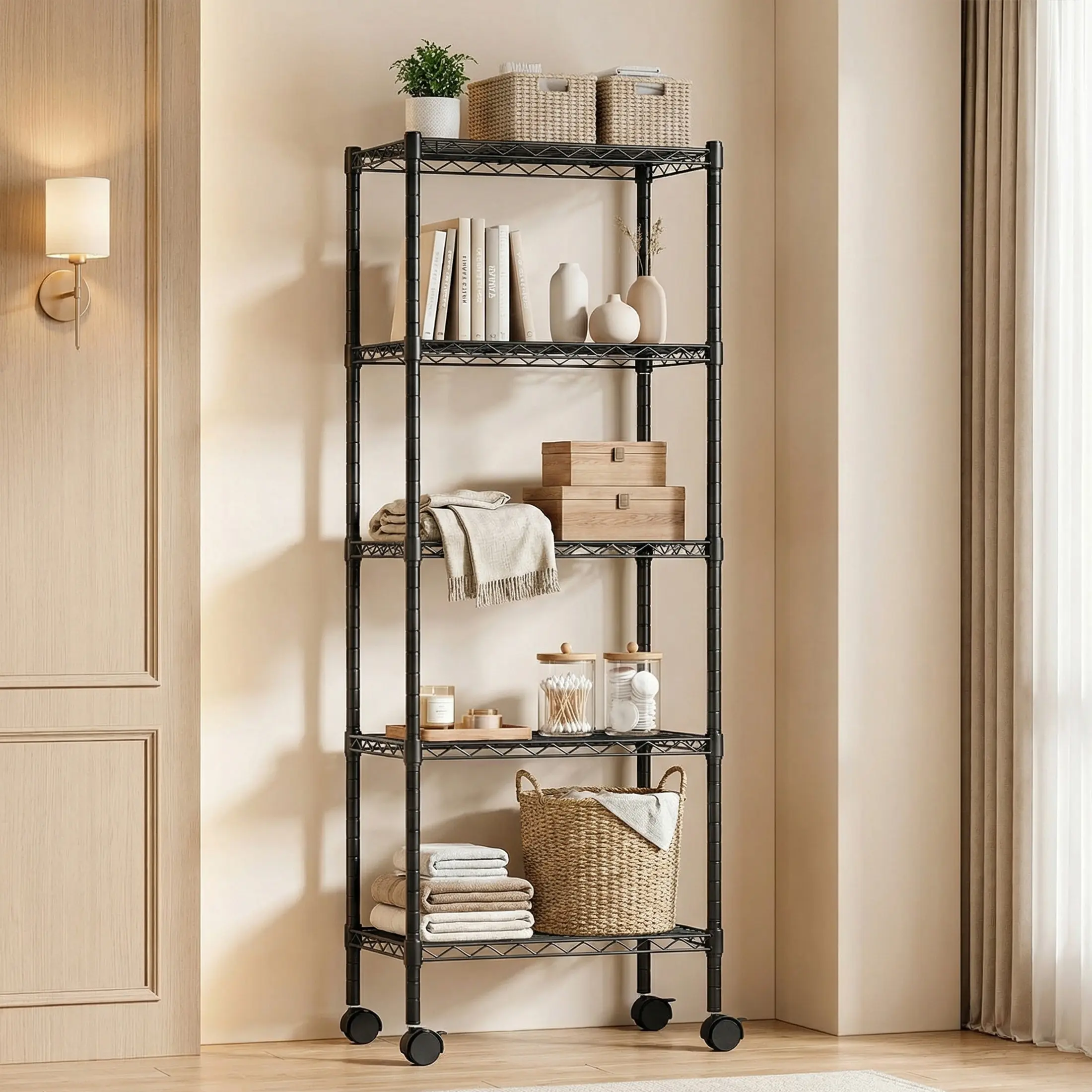 Sweetcrispy 4-Layer Heavy-Duty Adjustable Wire Shelving Unit with Casters - 24"l x14"w Floor Racks, 600-1000 lbs Capacity, Easy-Assembly Indoor Furniture for Storage Organization, Garage Shelves Tame Tools and Parts, Closets