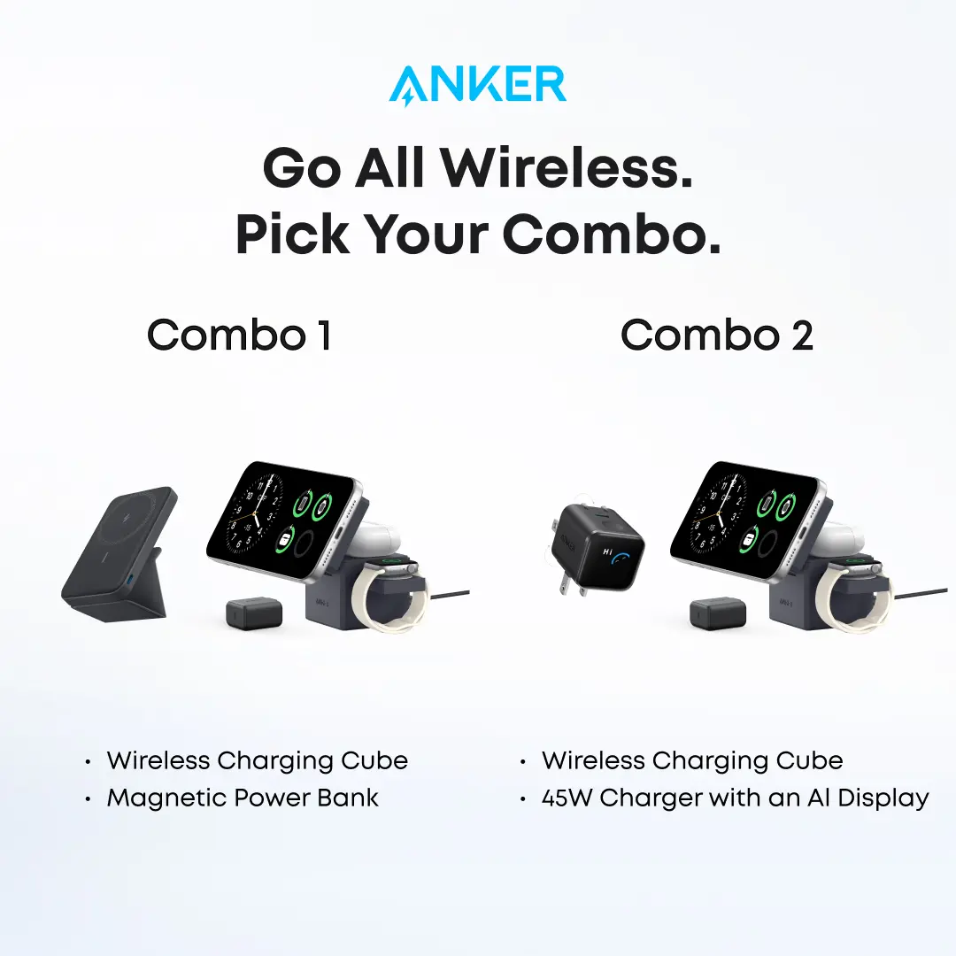Anker Portable 3-in-1 Cube Wireless Charging Combo - Adjustable, Foldable, Magnetic for iPhone, AirPods, Watch, 5000mAh Magnetic Power Bank, 45W Fast Smart Display Charger with USB-C Plug (Multi-Options)
