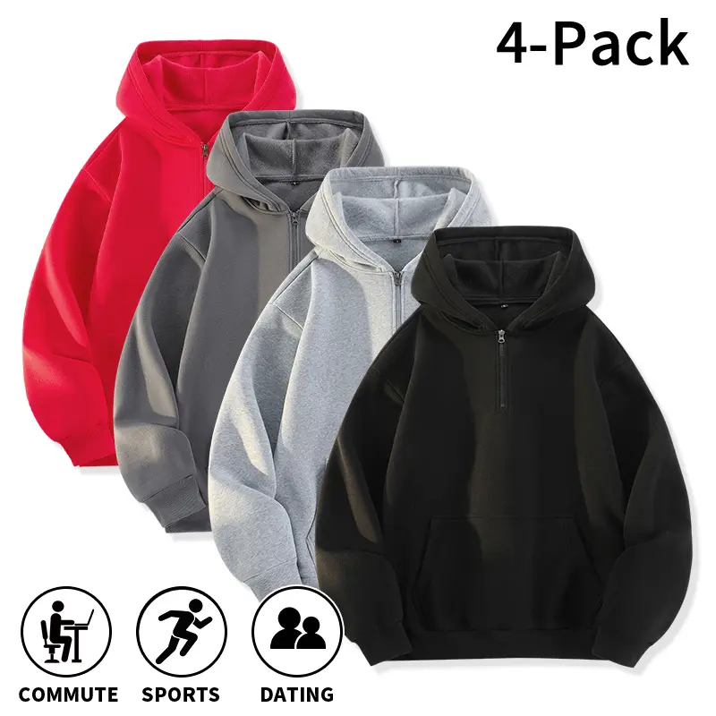 Men's 4-Pack Quarter Zip Hooded Sweatshirts Set - Menswear Tops, Longsleeves, Soft Fabric, Loose Oversized Fit, Adjustable Drawstring Hood, Kangaroo Pocket, Autumn Winter, Ideal for Day Commute, Outdoor Leisure, Multi Color