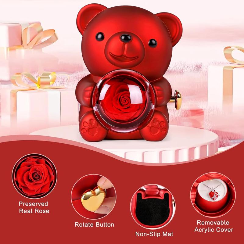 Cute Teddy Bear with Preserved Rose,Eternal Flowers Rotating Rose Box with Necklace Romantic Gift for Her in Valentine's Day, Mother's Day,Weddings,Anniversaries,and Bridal Showers