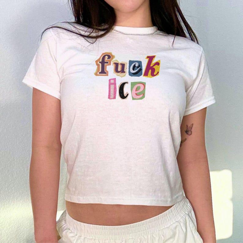 [Sale Up To 40%] Anti Ice Magazine Letter Baby Tee, Fuck ICE Y2K Baby Tee, Protect Immigrants Tee, No Human Is Illegal Top, Activist Graphic Baby Tee, FDT