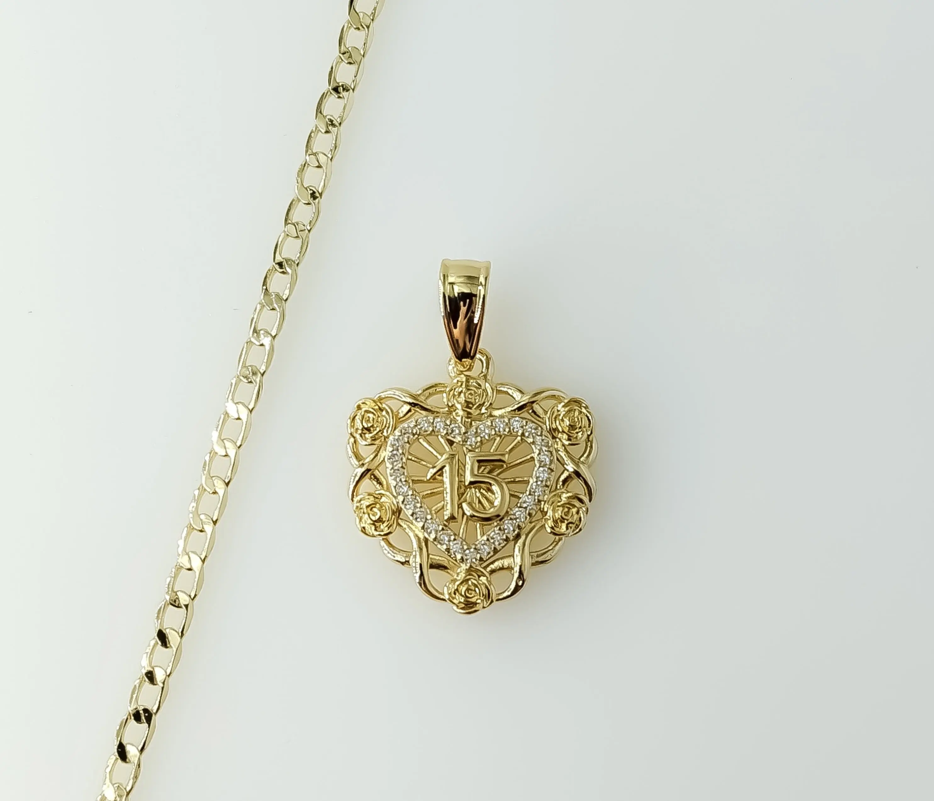 Plated Dainty Heart "My 15" Quince 14K 3mm Cuban Chain Necklace
