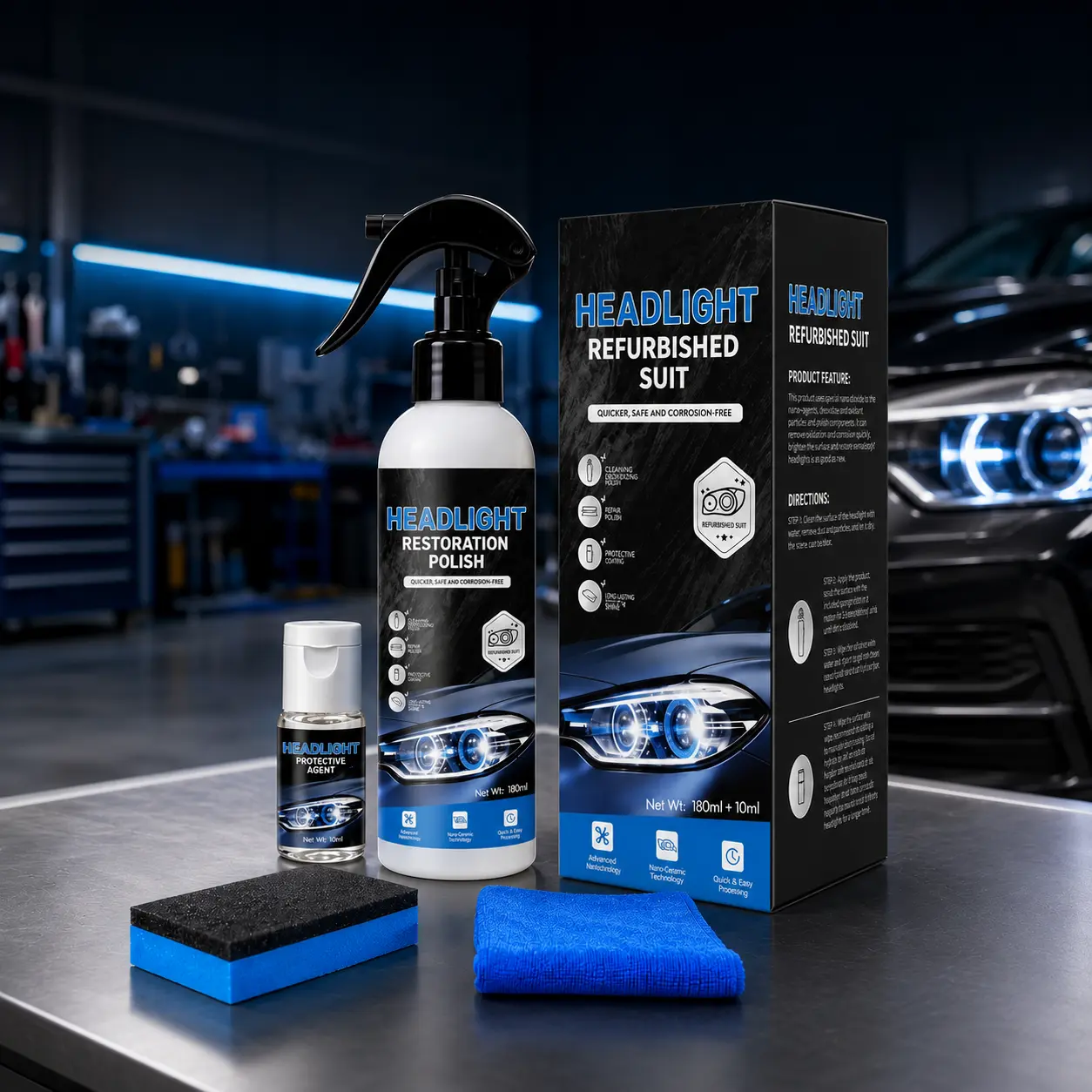 Headlight Restoration Kit, Removes Oxidation & Yellowing, UV Coating | 180ml polish + 10ml ceramic coating, sponge & towel; for cars, trucks, SUVs, motorcycles; long-lasting UV protection