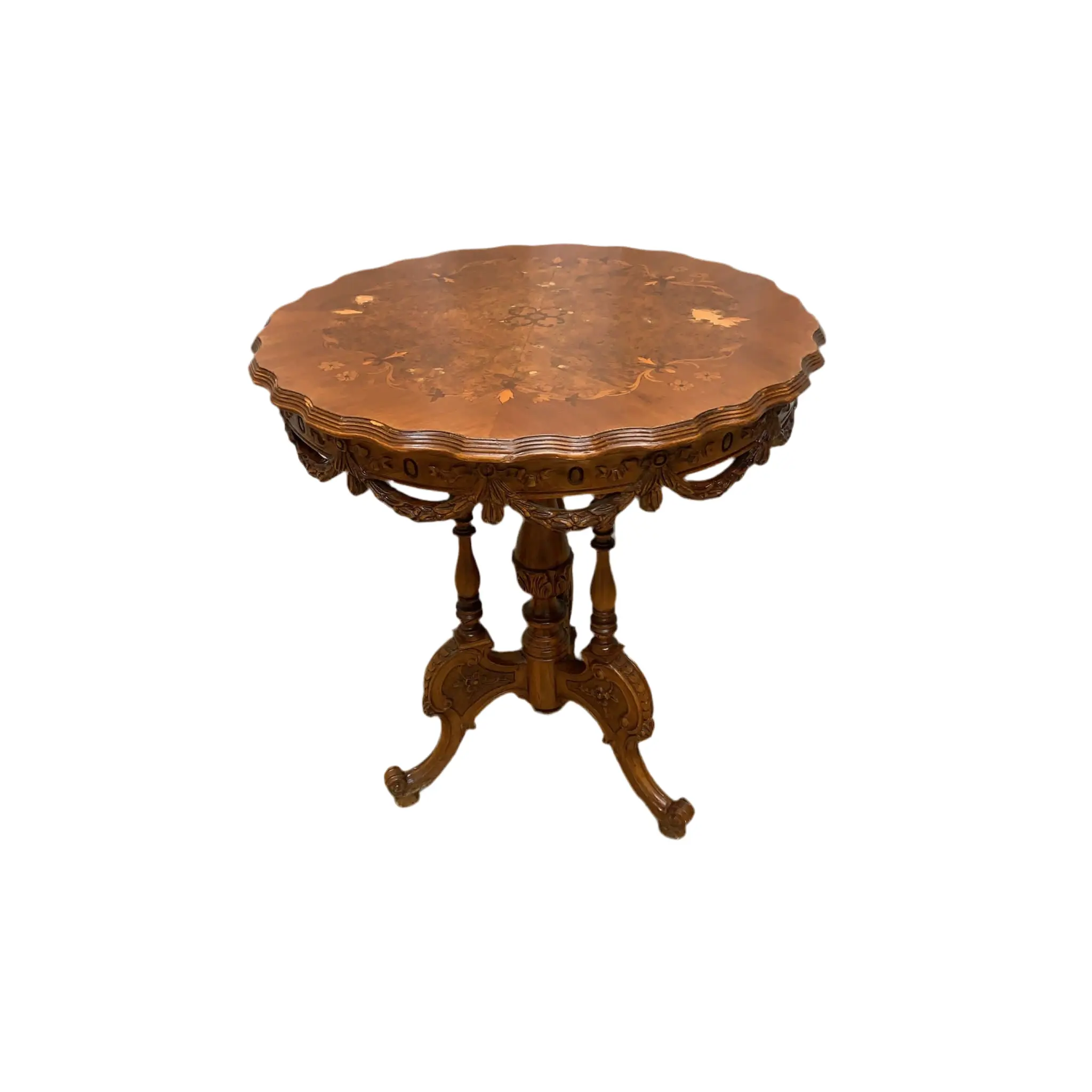Antique Victorian Style Inlaid Walnut Center Table with Scalloped Top