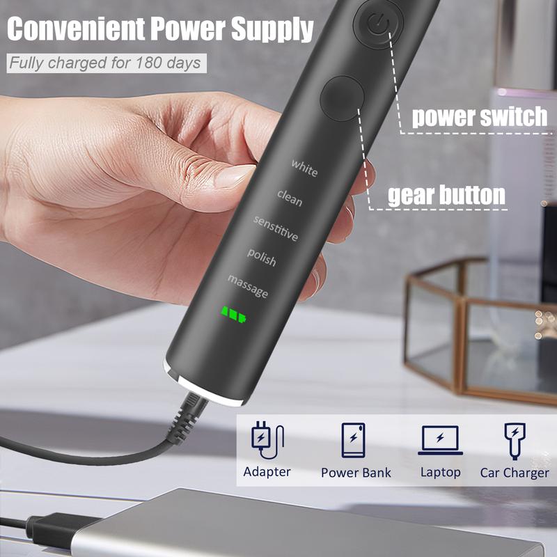 Sonic Electric Toothbrush, 5 Cleaning Modes, IPX7 Waterproof, 180-Day Battery Life, with 5 Brush Heads & Travel Case