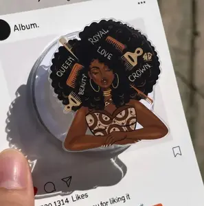 Royal Afro Queen Phone Grip - Melanin Empowerment Griptok with Crown, Love, and Beauty Typography - Artistic Black Girl Magic Phone Stand