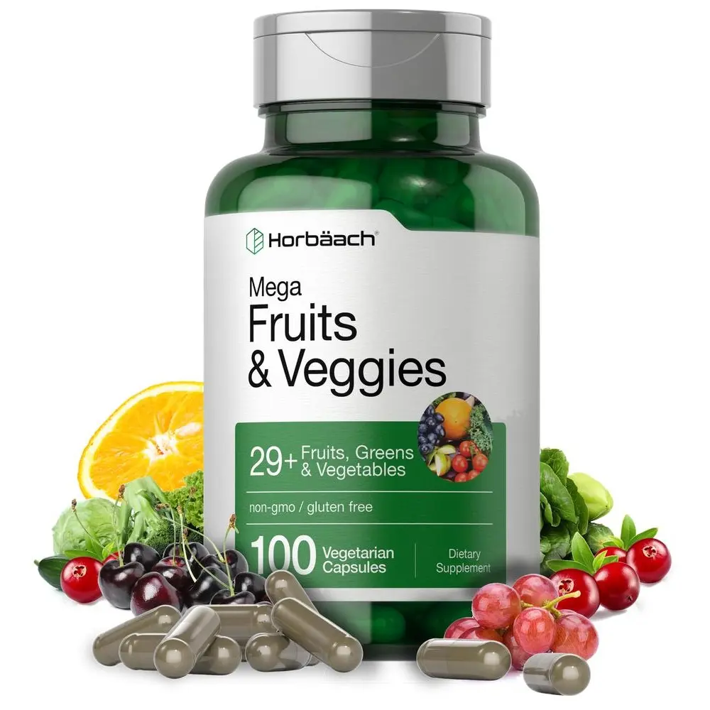 Horbäach Mega Fruits and Veggies Supplement | 100 Capsules | Vegetarian, Non-GMO and Gluten Free