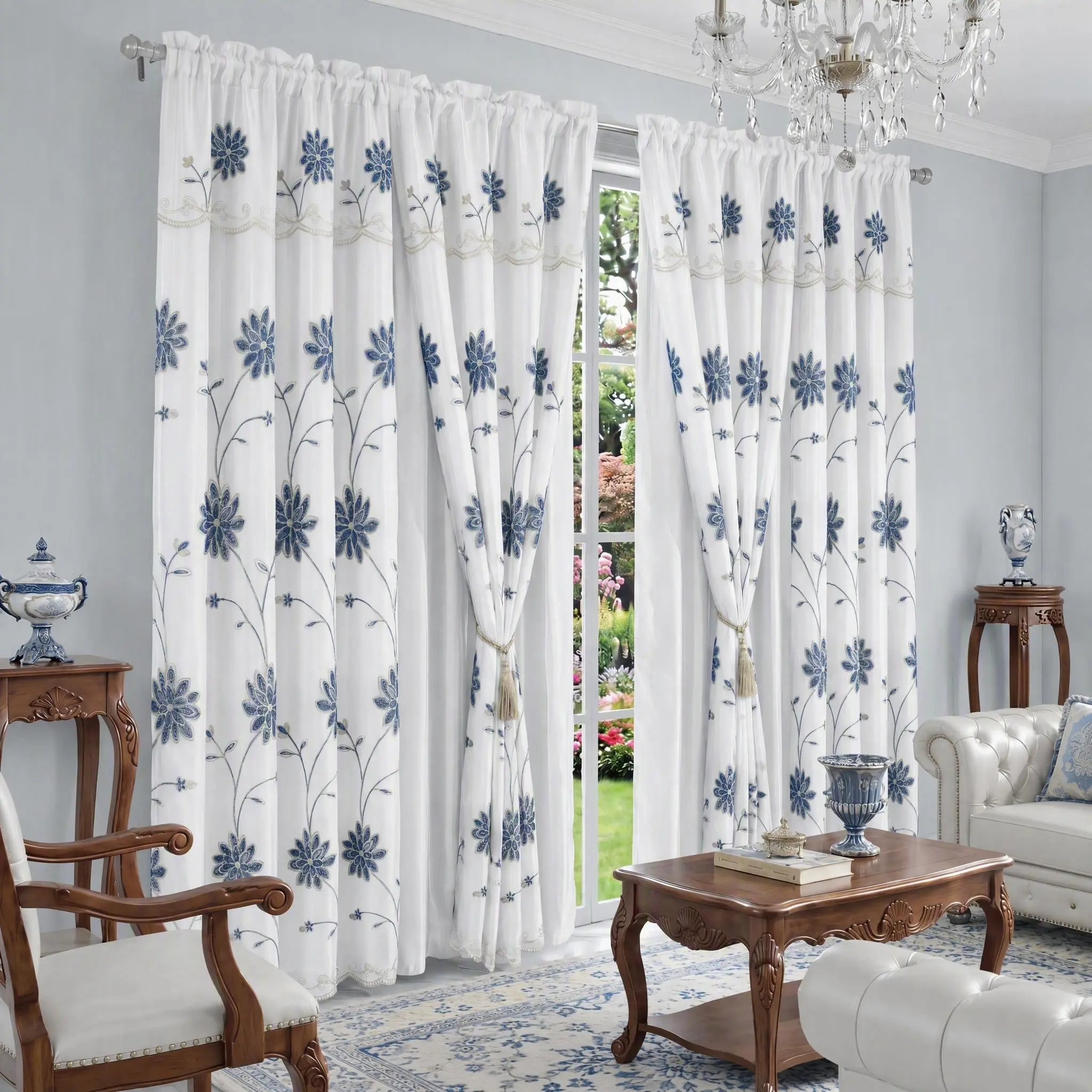 Lumina 4-Panel Rod Pocket Embroidered Curtains w/ Valance, Floral Vine Satin-Lined Semi-Blackout Vintage European Privacy for Bedroom, QF36