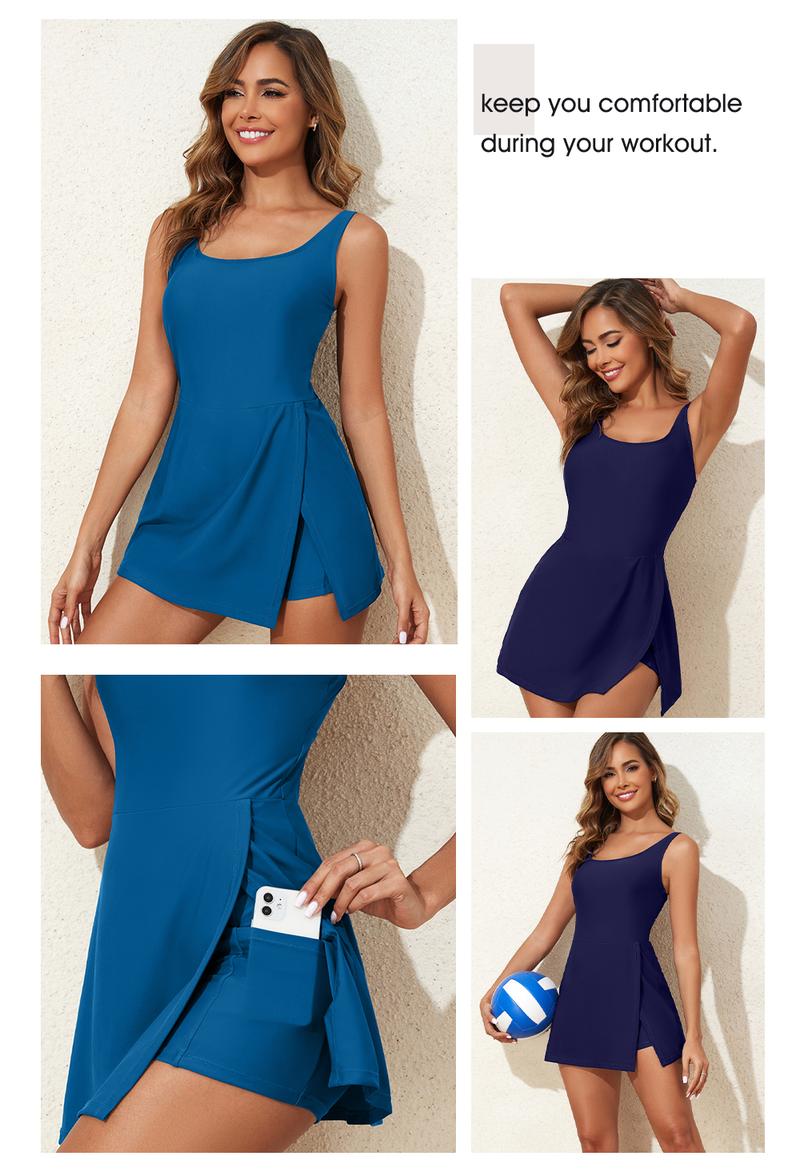 Aleumdr One Piece Swimdress Swimsuit for Women Tummy Control Split Hem Skirt Bathing Suit with Pockets Fabric