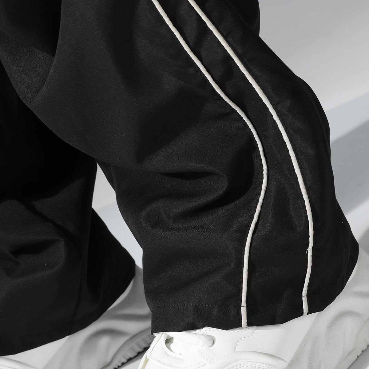 Men's straight-leg wide-leg casual pants - Black and grey striped design, loose waist with drawstring, machine washable nylon fabric, all-season comfortable casual wear