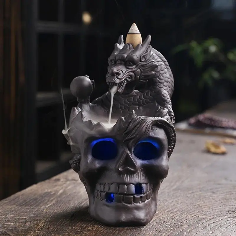 Creative Skull Design Incense Burner, LED Waterfall Dragon Incense Burner, Halloween Home Decor, Home Aromatherapy Supplies, Scented, Air Fragrance Diffuser, Room Fragrance, Incense Holders