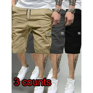 3pcs Men's Casual Cargo Shorts, Regular Fit with Multiple Utility Pockets, Lightweight Polyester for Summer Training & Outdoor Wear, Activewear