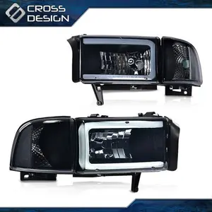 CROSSDESIGN Smoke Lens Headlight LED Tube C Light Bar Fit For 94-02 Dodge Ram 1500 2500 3500