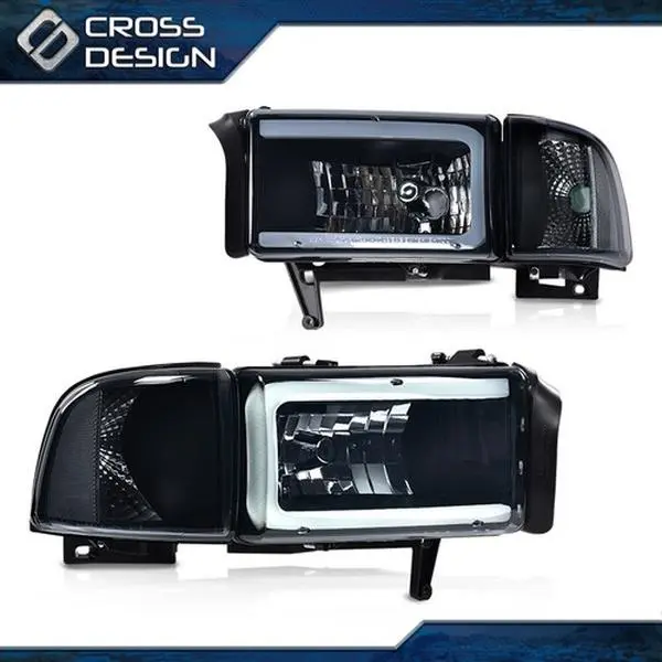 CROSSDESIGN Durable Smoke Lens LED Tube C Light Bar Headlight Assemblies with Light Tubes & LED Bulbs for 94-02 Dodge Ram 1500,2500,3500 (Excludes Sport & Ram Van Models) - Car Exterior Upgrade Truck Components, Lights Tubes