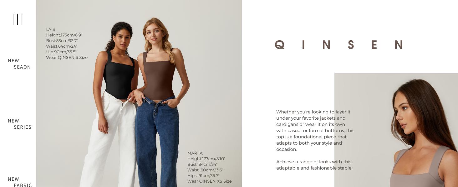 【Runs Small】QINSEN Women's Square Neck Sleeveless Double-Layer Tank Tops Basic Tight T Shirts short