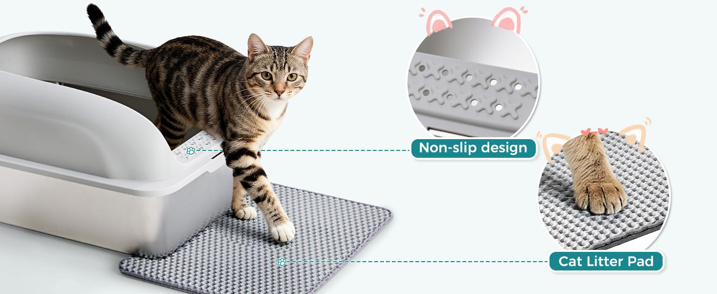 Stainless Steel Cat Litter Box with Lid, Large Cat Litter Box for Big Cats, High Wall Sides, Anti-Urine Leakage, Easy Cleaning, Scoop and Mat Included