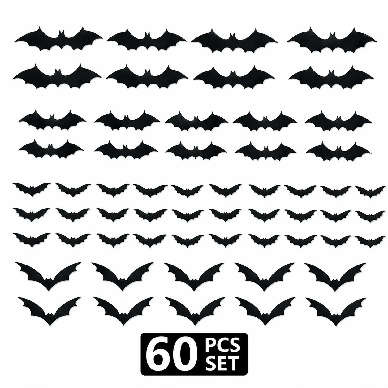 60 Pack Multi-Size Bat Silhouette Wall Decor, Halloween Stick-On Ornaments For Party Background Decor