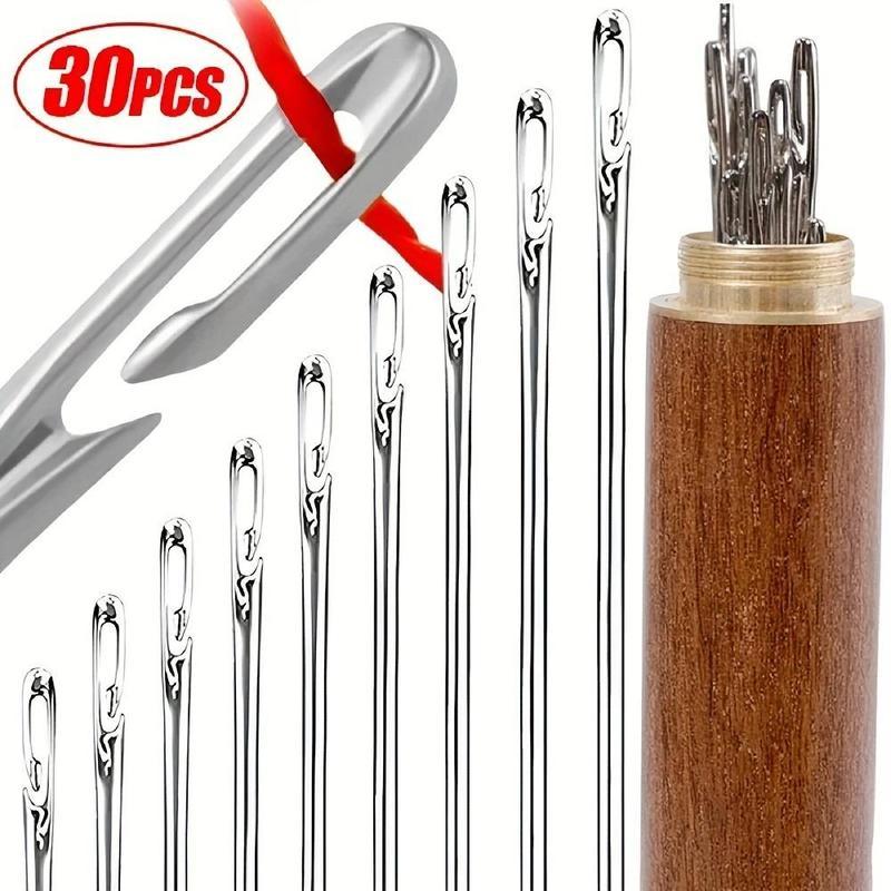Self-threading Needle Set, 30pcs/set Multi-purpose Household Hand Sewing Needle with Wooden Needle Case, Sewing Supplies for Home & Cloth Shop Use
