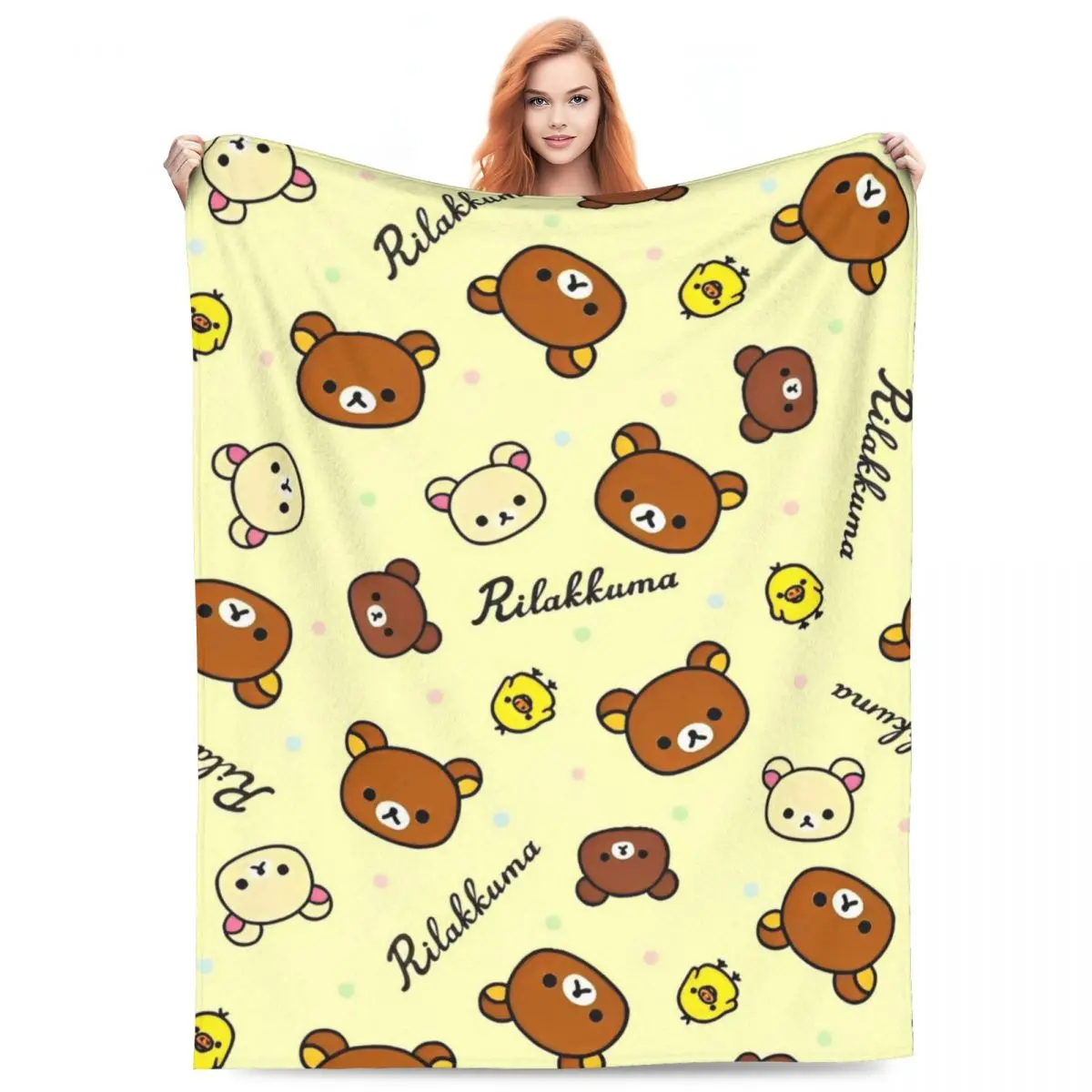 Aura Rilakkuma Cartoon Blanket - Figure Print, Letter Pattern, Lightweight Flannel, Soft Warm, Wrinkle-Resistant Plush Throw for Home Decor, Picnic Use, Figure Print Blanket