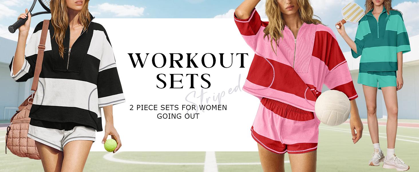 Molitree Women Striped Workout Set Two Piece Outfit Tracksuit Oversized Lounge Set Top and Shorts Sets with Pockets