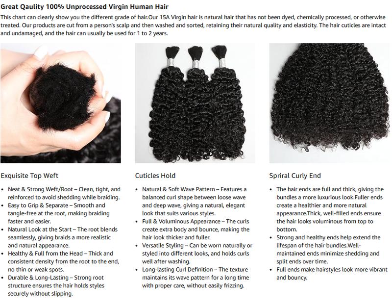 Lemoda Boho Human Braiding Hair Burmese Curly Bulk Human Hair Extensions For Bohemian Knotless Braids No Weft 12inch-32Inch 3Bundles/Lot 100g/1Bundle 1B Natural Black Salon-Quality