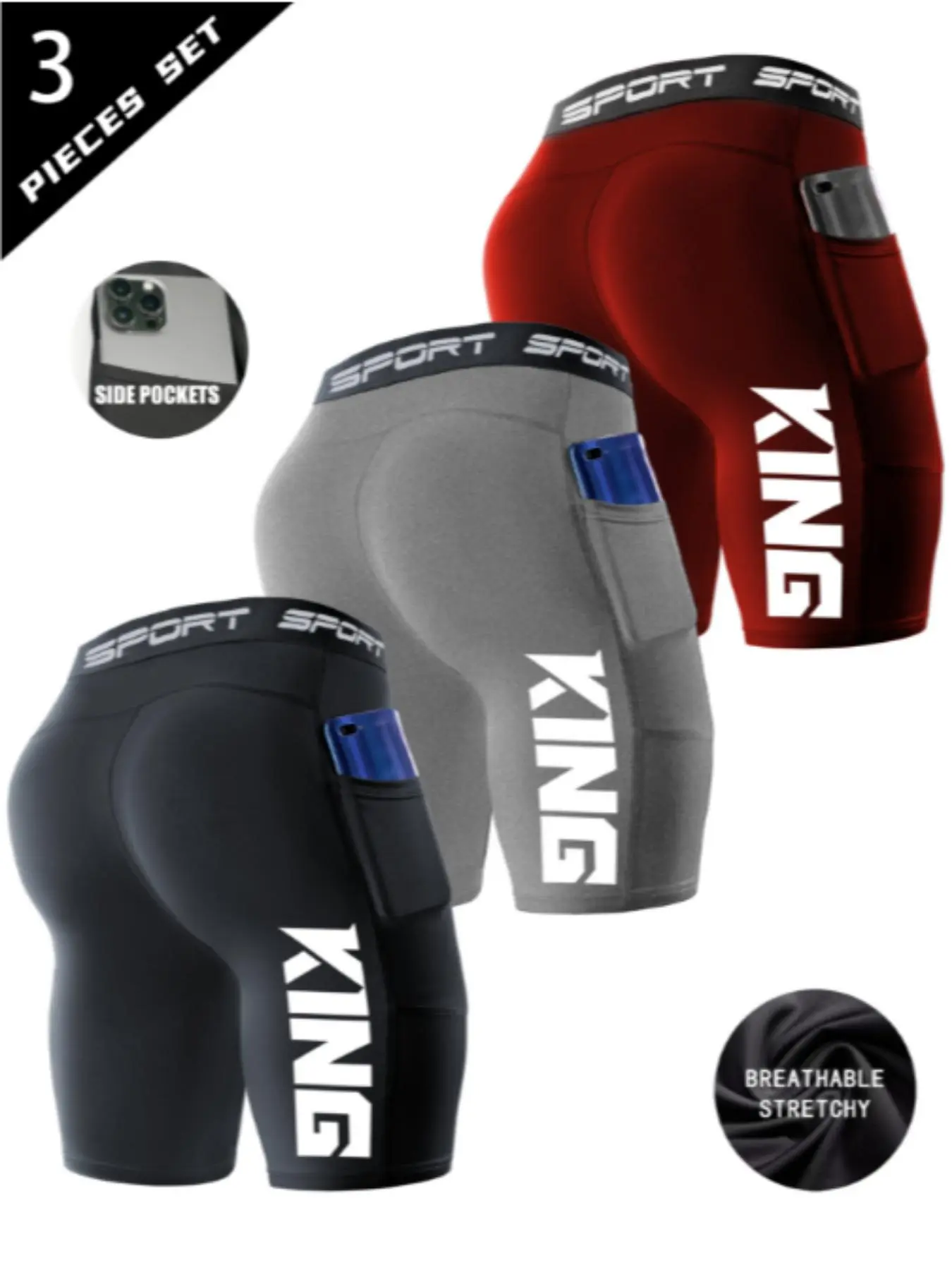 3-Pack Men's 'king' Print Sport Tight Fitted Shorts, High Elasticity Polyester & Spandex, Quick-Dry Breathable, Pockets, Ideal for Basketball, Running, Compression Swimwear, Athletic Sports Shorts